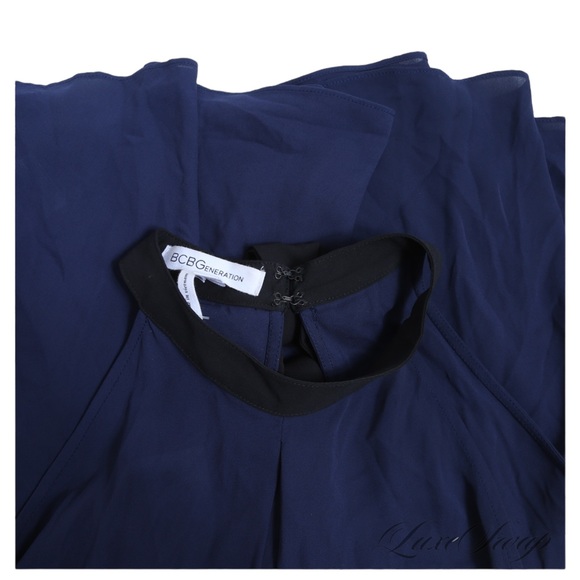 NWT BCBGeneration Navy Blue & Black Ringer Collar Chiffon Babydoll Tank M - Picture 4 of 4